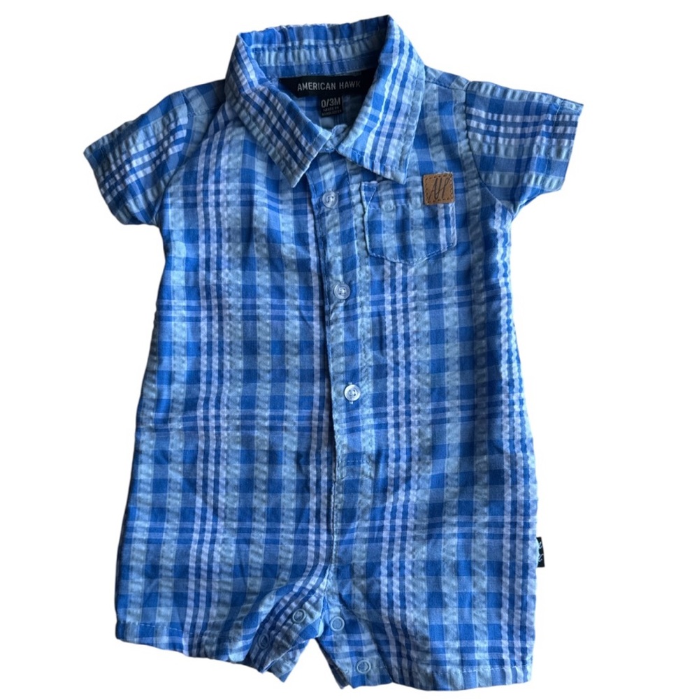 American Hawk Blue Plaid Short Sleeve Romper Baby size 0-3M